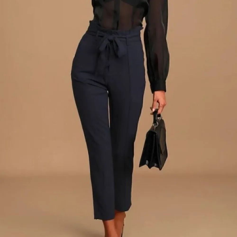 Lulus Set Your Goals Navy Blue Paper Bag Waist Pants NEW